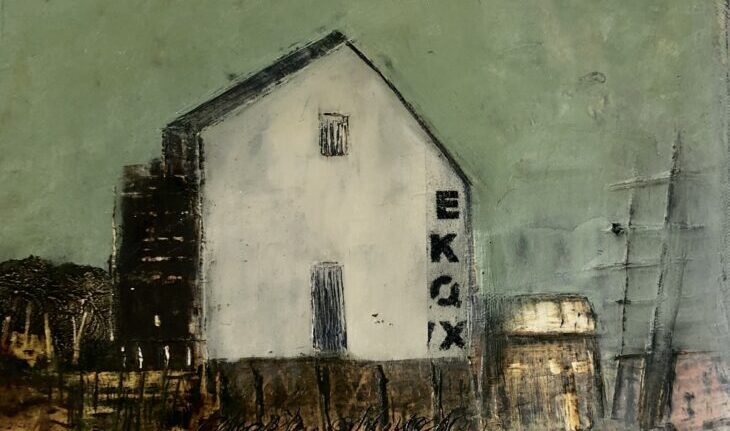 Semi abstract house, mixed media on canvas, 35 cm x 35 cm. black wooden box frame (1)